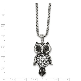 Stainless Steel Antiqued and Polished w/Black CZ Owl 24in Necklace