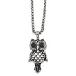 Stainless Steel Antiqued and Polished w/Black CZ Owl 24in Necklace