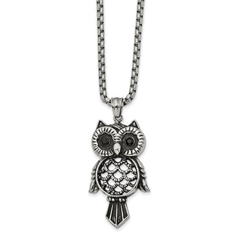 Stainless Steel Antiqued and Polished w/Black CZ Owl 24in Necklace