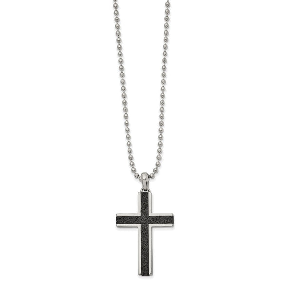 Stainless Steel Polished w/Black IP-plated Wire Inlay Cross Pendant