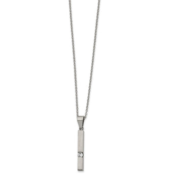 Stainless Steel Brushed/Polished CZ Bar 16in w/2in ext Necklace