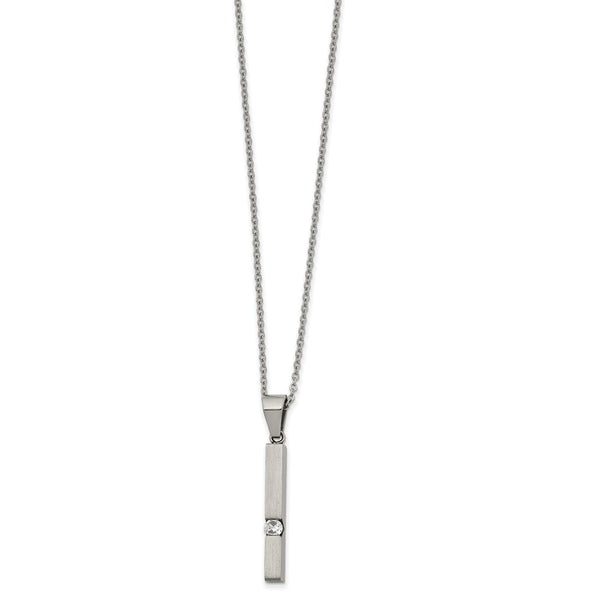 Stainless Steel Brushed/Polished CZ Bar 16in w/2in ext Necklace