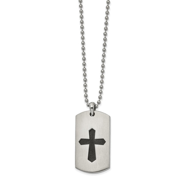 Stainless Steel Brushed,Polished & Laser-cut Black IP Cross 22in Necklace