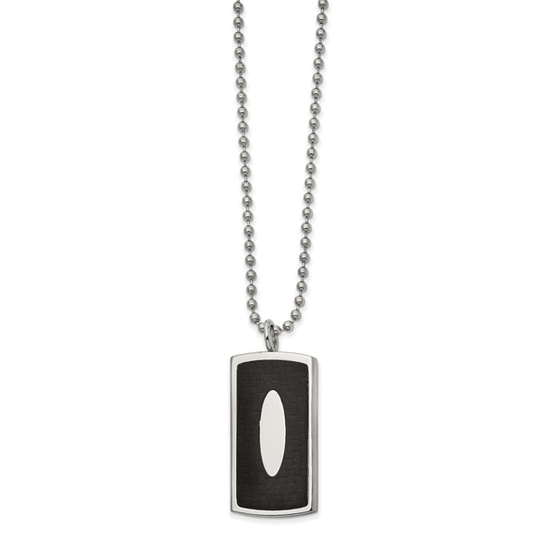Stainless Steel Polished w/Genuine Blk Leather Inlay DogTag 22in Necklace