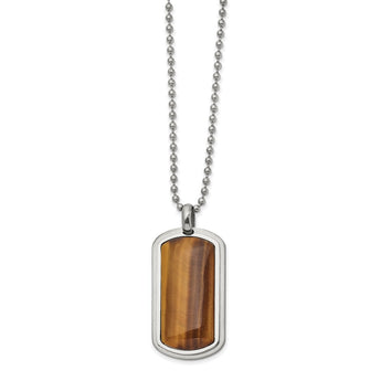 Stainless Steel Polished with Genuine Tiger's Eye Dog Tag Necklace