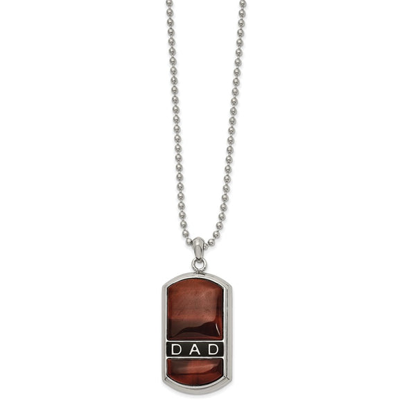 Stainless Steel Polished Enameled Tiger's Eye DAD Dog Tag 22in Necklace