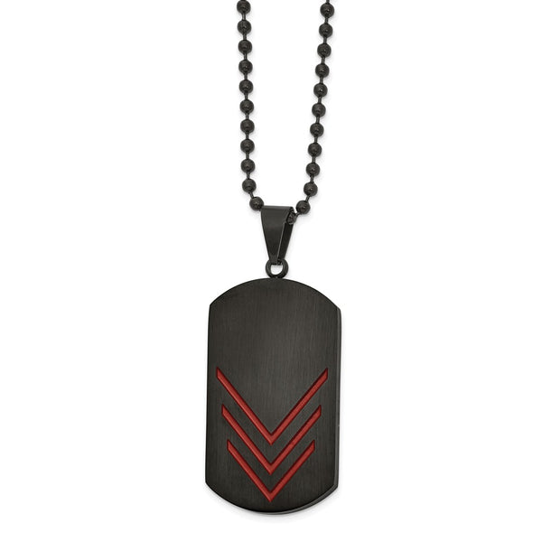 Stainless Steel Brushed&Polished Black IP w/Red Enamel Dog Tag Necklace