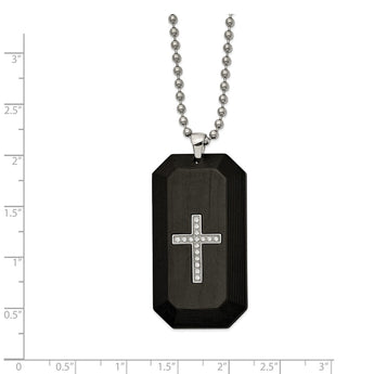 Stainless Steel Polished w/Solid Carbon Fiber & CZ Cross DogTag Necklace