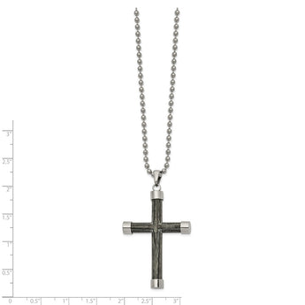 Stainless Steel Polished with Gray Wood Inlay Cross 24in Necklace