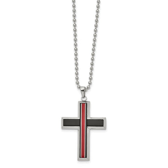 Stainless Steel Brushed & Polished w/Fiber Glass 22in Cross Necklace