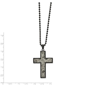 Stainless Steel Polished Black IP w/Sedimentary Rock Cross 24in Necklace