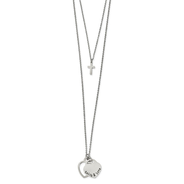 Stainless Steel Polished FAITH&LOVE Hearts & Cross Layered Necklace