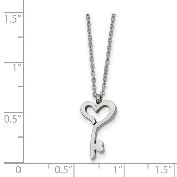 Stainless Steel Polished Heart Key 16in w/2in ext. Necklace