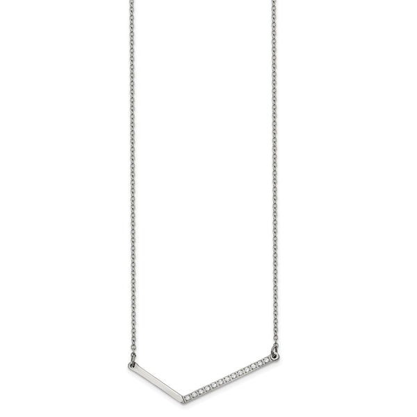 Stainless Steel Polished w/CZ Angled Bar 17.5in Necklace