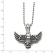Stainless Steel Antiqued and Polished Skull w/Wings 22in Necklace