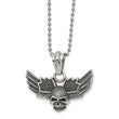 Stainless Steel Antiqued and Polished Skull w/Wings 22in Necklace