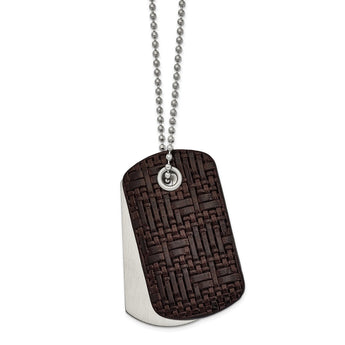 Stainless Steel Brushed Brown Woven Leather 22in Dog Tag Necklace