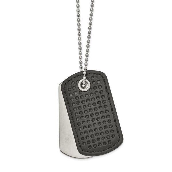 Stainless Steel Brushed Black Leather 22in Dog Tag Necklace