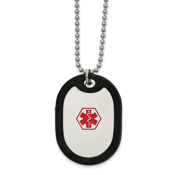 Stainless Steel Polished w/Red Enamel/Blk Rubber Medical 24in Necklace