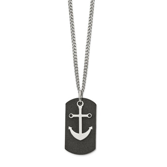 Stainless Steel Polished Black IP-plated Laser cut Anchor 22in Necklace