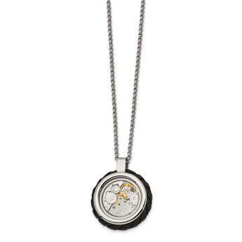 Stainless Steel Brushed & Polished Yellow IP w/CZ & Leather 22in Necklace