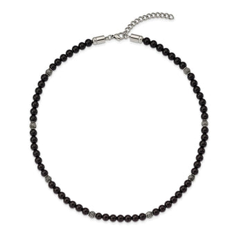 Stainless Steel Antiqued & Polished Blk Agate Beaded w/2in ext. Necklace