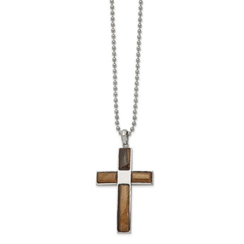 Stainless Steel Polished with Tiger's Eye 22in Cross Necklace