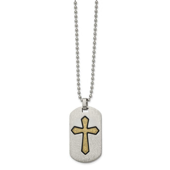 Stainless Steel Brushed & Textured Black/Yellow IP Cross Dog Tag Necklace