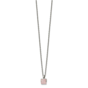 Stainless Steel Polished with Rose Quartz Square 16in w/2in ext. Necklace