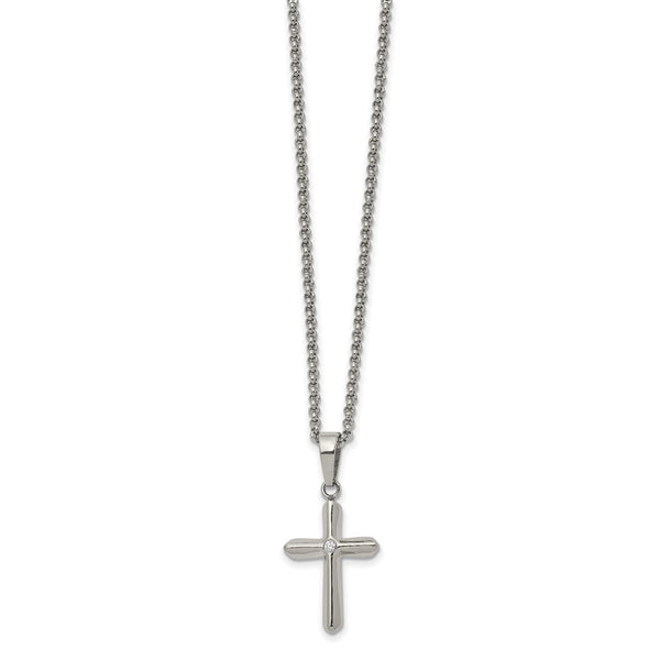 Stainless Steel Polished with CZ 22in Cross Necklace