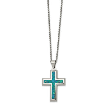 Stainless Steel Polished w/Imitation Opal 22in Large Cross Necklace