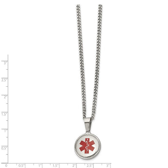 Stainless Steel Polished w/Red Enamel Circle Medical 20in Necklace