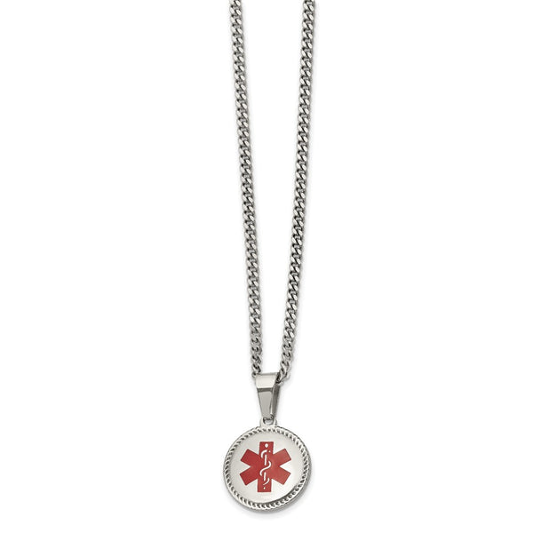 Stainless Steel Polished w/Red Enamel Circle Medical 20in Necklace