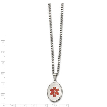 Stainless Steel Polished w/Red Enamel Oval Medical 20in Necklace