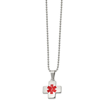 Stainless Steel Polished w/Red Enamel Cross Medical 20in Necklace