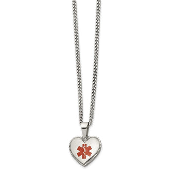 Stainless Steel Polished w/Red Enamel Heart Medical 20in Necklace