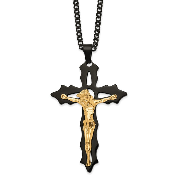 Stainless Steel Polished Black/Yellow IP-plated Cutout Crucifix 24in Neckla