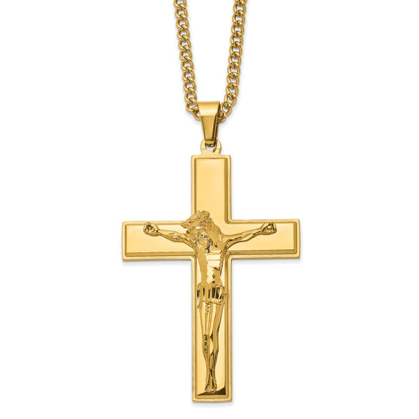 Stainless Steel Polished Yellow IP-plated Crucifix 24in Necklace
