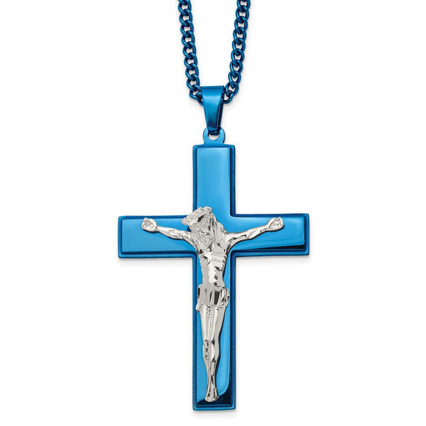 Stainless Steel Polished Blue IP-plated Crucifix 24in Necklace