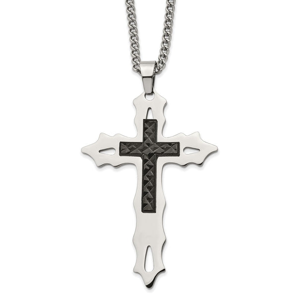 Stainless Steel Polished Black IP-plated D/C Cross 24in Necklace