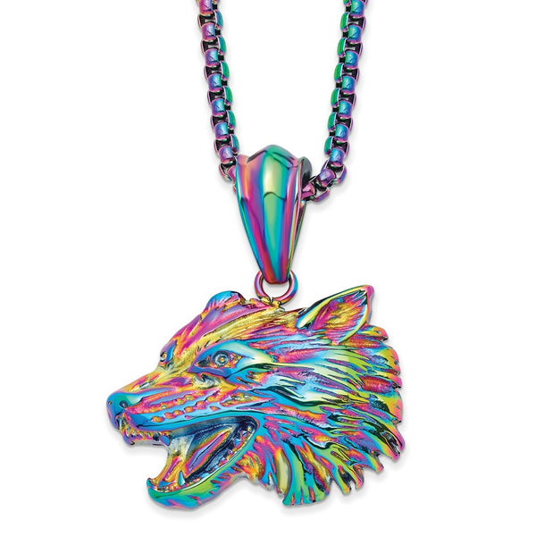 Stainless Steel Polished Rainbow IP-plated Wolf Head 24in Necklace