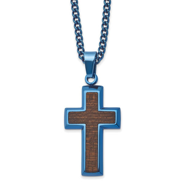 Stainless Steel Polished Blue IP-plated w/Wood Inlay Cross 24in Necklace