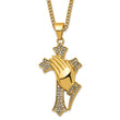 Stainless Steel Polished Yellow IP w/Crystal Prayer Hands Cross Necklace