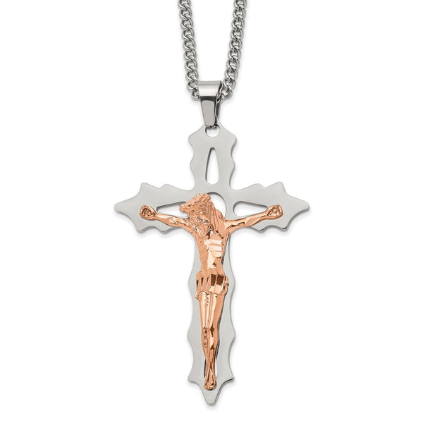 Stainless Steel Polished Rose IP-plated Cutout Crucifix 24in Necklace