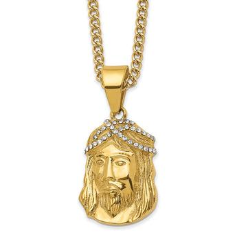 Stainless Steel Polished Yellow IP-plated w/Crystal Jesus 24in Necklace