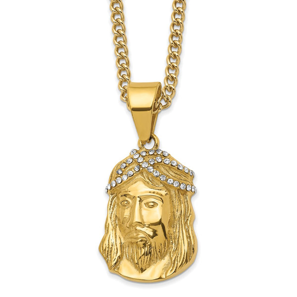 Stainless Steel Polished Yellow IP-plated w/Crystal Jesus 24in Necklace