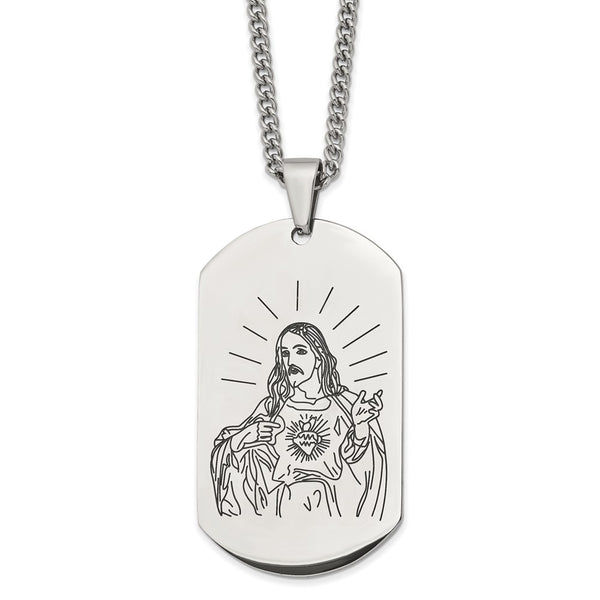 Stainless Steel Polished Etched Jesus Dog Tag 24in Necklace