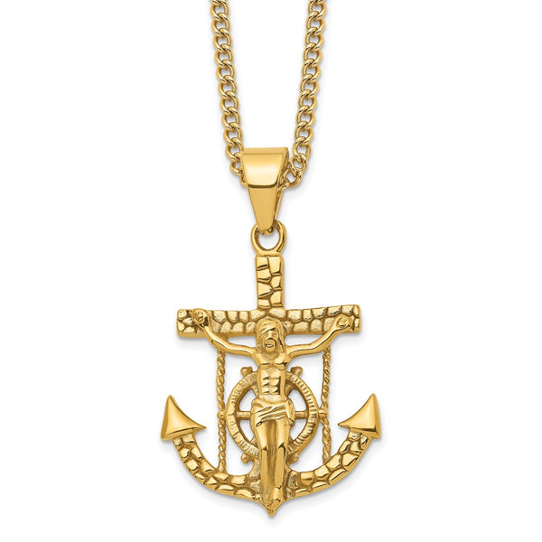 Stainless Steel Polished & Textured Yellow IP Mariner's Cross 24in Necklace