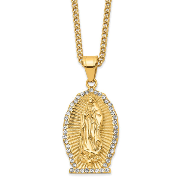 Stainless Steel Polished Yellow IP w/Crystal Lady of Guadalupe Necklace