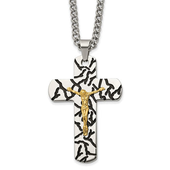 Stainless Steel Polished Yellow IP-plated w/Enamel Crucifix 24in Necklace